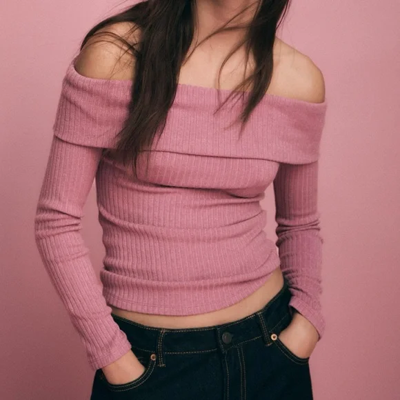 STRADIVARIUS OFF-THE-SHOULDER KNIT TOP - Picture 2 of 6